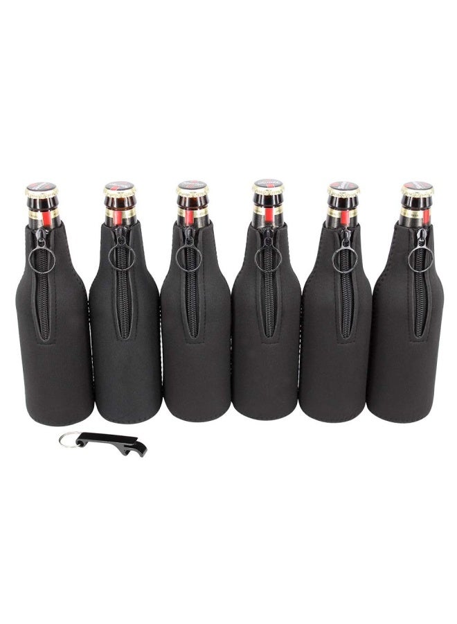 Beer Bottle Insulator Sleeve Neoprene Ring Zipper 6 Pack With Bottle Opener For 12 Oz 330 Ml Bottles Black pjt-B