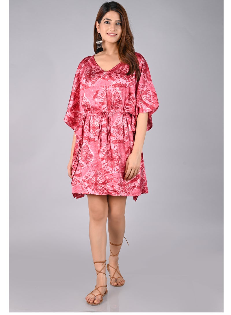 Women Tie Die Satin Plus Size Short Tunic Caftan Beach Cover Up Kaftan Loungewear Dress for Summer