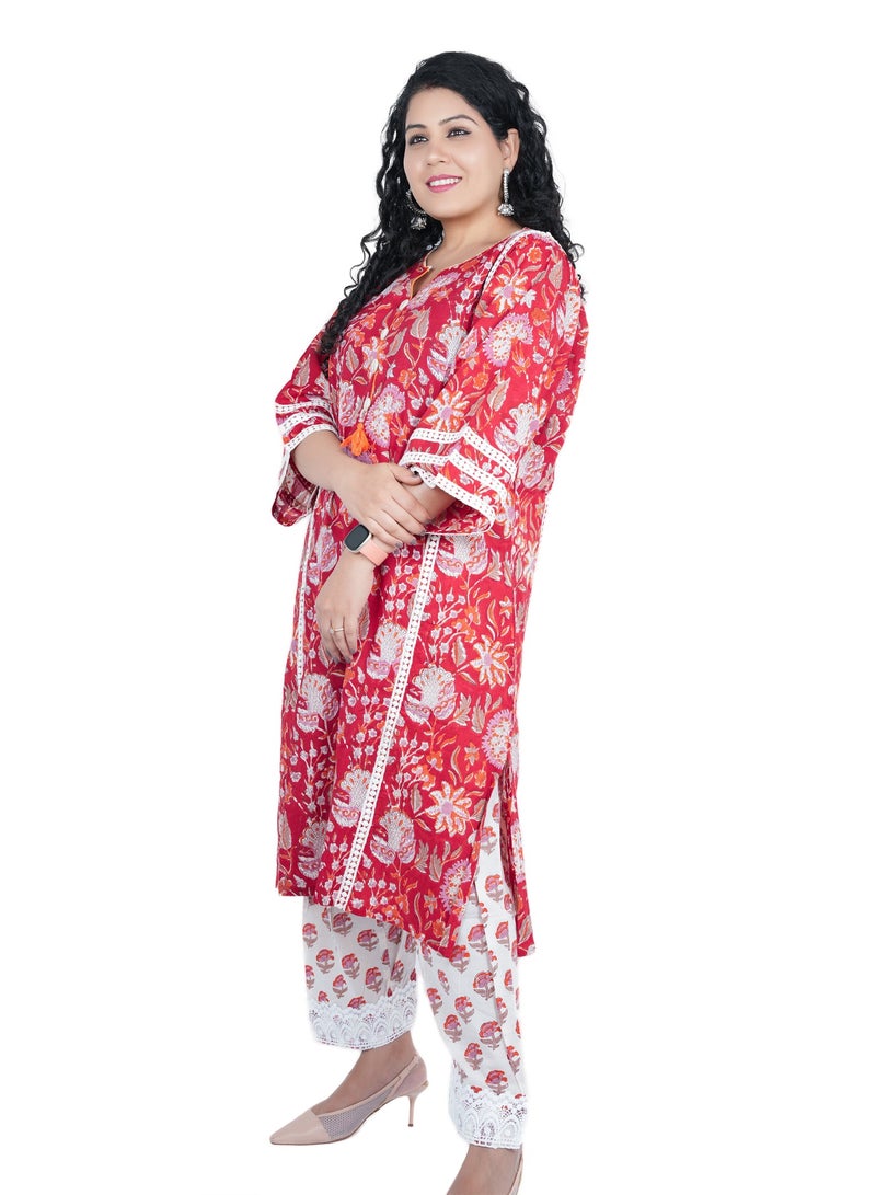 Free Size Cotton Hand Block Printed Kurta Set | Indian Dress for Women | Traditional Dress Salwar Kameez Kurti Pant Dupatta Set | Ready to Wear Ethnic Kurta Set