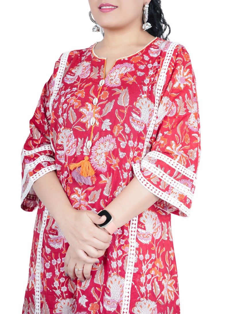 Free Size Cotton Hand Block Printed Kurta Set | Indian Dress for Women | Traditional Dress Salwar Kameez Kurti Pant Dupatta Set | Ready to Wear Ethnic Kurta Set