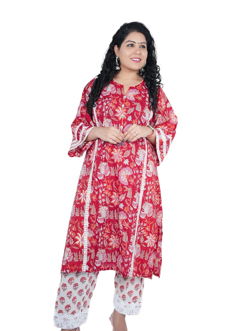 Free Size Cotton Hand Block Printed Kurta Set | Indian Dress for Women | Traditional Dress Salwar Kameez Kurti Pant Dupatta Set | Ready to Wear Ethnic Kurta Set