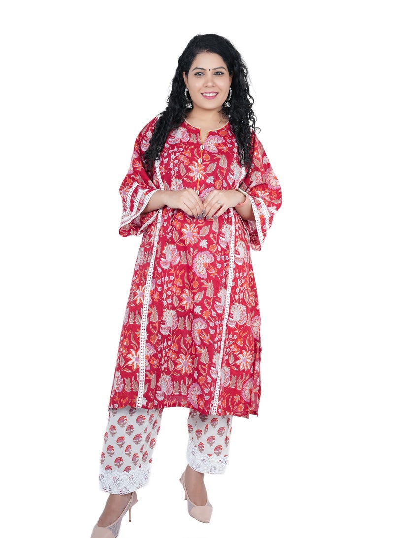 Free Size Cotton Hand Block Printed Kurta Set | Indian Dress for Women | Traditional Dress Salwar Kameez Kurti Pant Dupatta Set | Ready to Wear Ethnic Kurta Set