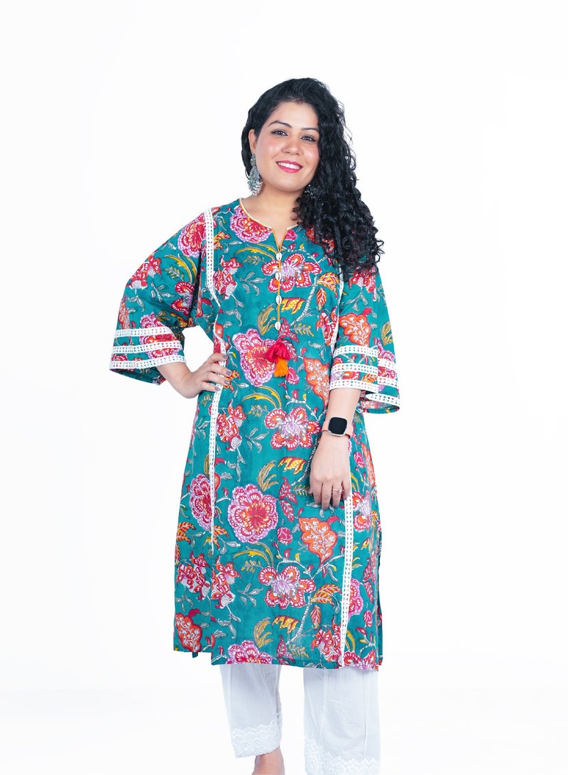 Free Size Cotton Hand Block Printed Kurta Set | Indian Dress for Women | Traditional Dress Salwar Kameez Kurti Pant Dupatta Set | Ready to Wear Ethnic Kurta Set