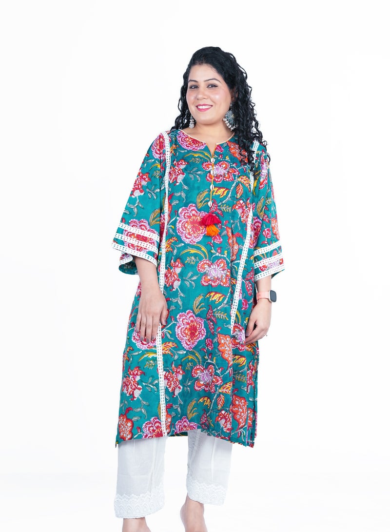 Free Size Cotton Hand Block Printed Kurta Set | Indian Dress for Women | Traditional Dress Salwar Kameez Kurti Pant Dupatta Set | Ready to Wear Ethnic Kurta Set