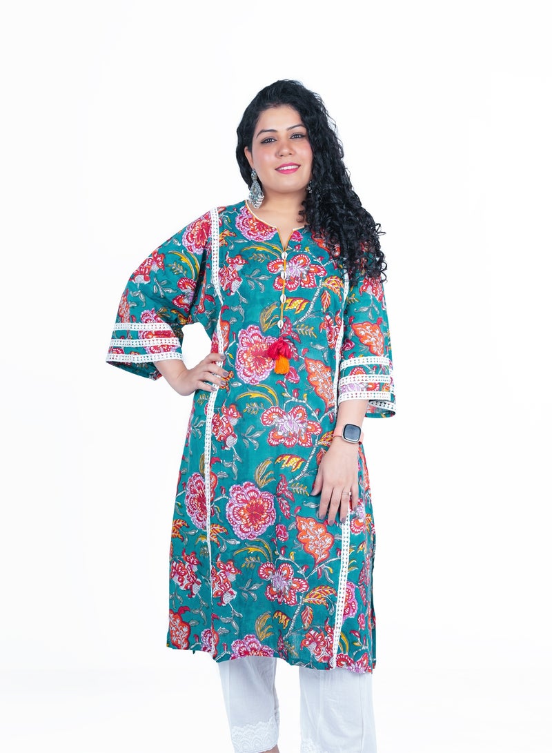 Free Size Cotton Hand Block Printed Kurta Set | Indian Dress for Women | Traditional Dress Salwar Kameez Kurti Pant Dupatta Set | Ready to Wear Ethnic Kurta Set