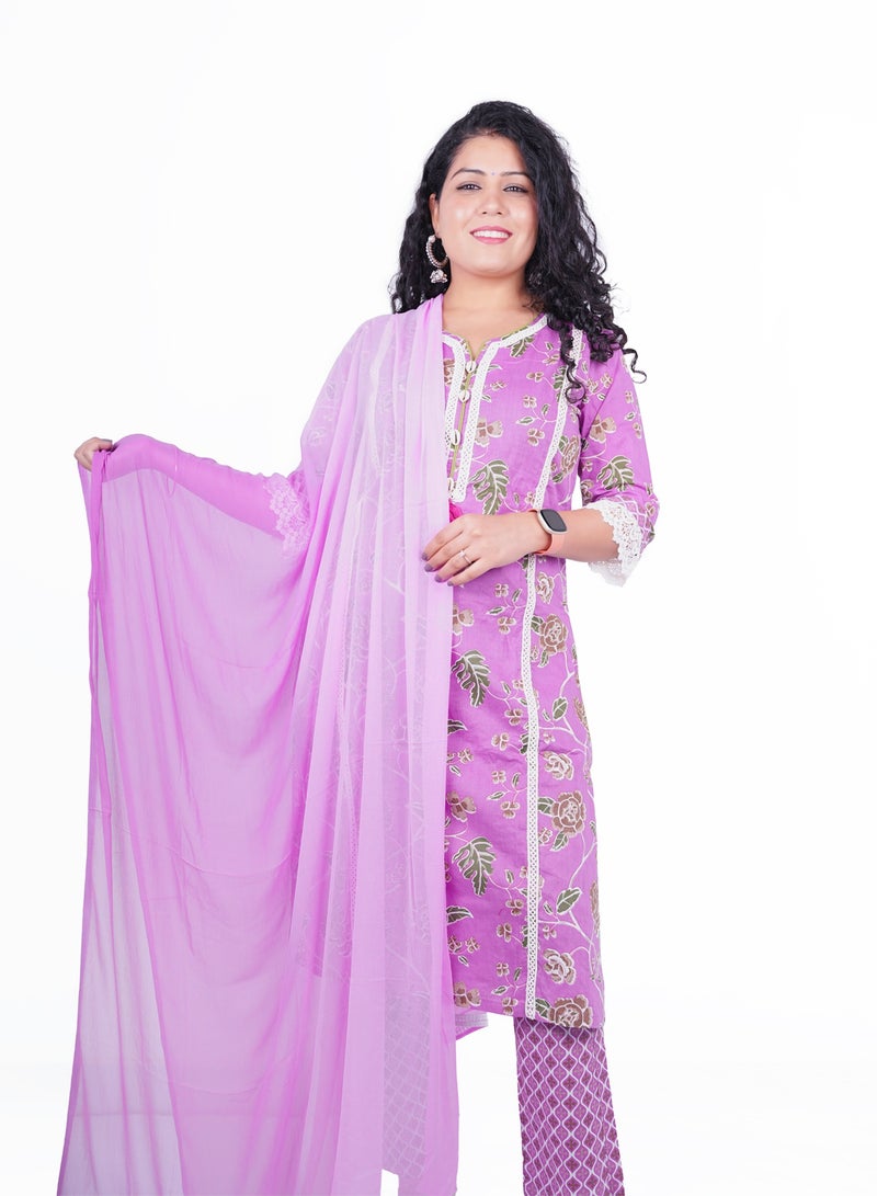 Cotton Kurta with Plazzo Pants Set with Chiffon Dupatta | Indian Dress for Women | Traditional Dress Salwar Kameez Kurti Pant Dupatta Set | Ready to Wear Ethnic Kurta Set