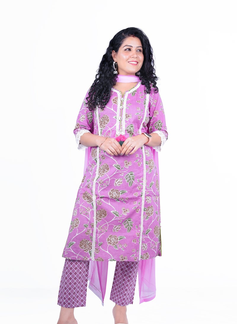 Cotton Kurta with Plazzo Pants Set with Chiffon Dupatta | Indian Dress for Women | Traditional Dress Salwar Kameez Kurti Pant Dupatta Set | Ready to Wear Ethnic Kurta Set