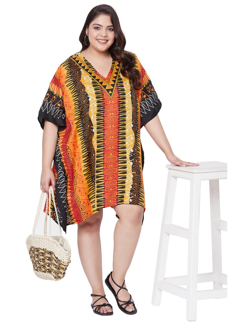 Plus Size Polyester V Neck Multicolor Tunic  Poolside Dress Beach Cover up Holiday Abstract kaftan for Women