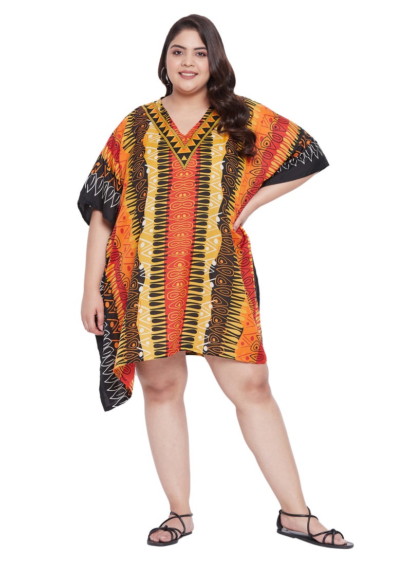 Plus Size Polyester V Neck Multicolor Tunic  Poolside Dress Beach Cover up Holiday Abstract kaftan for Women