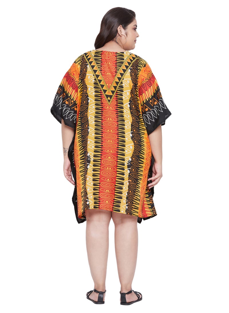 Plus Size Polyester V Neck Multicolor Tunic  Poolside Dress Beach Cover up Holiday Abstract kaftan for Women