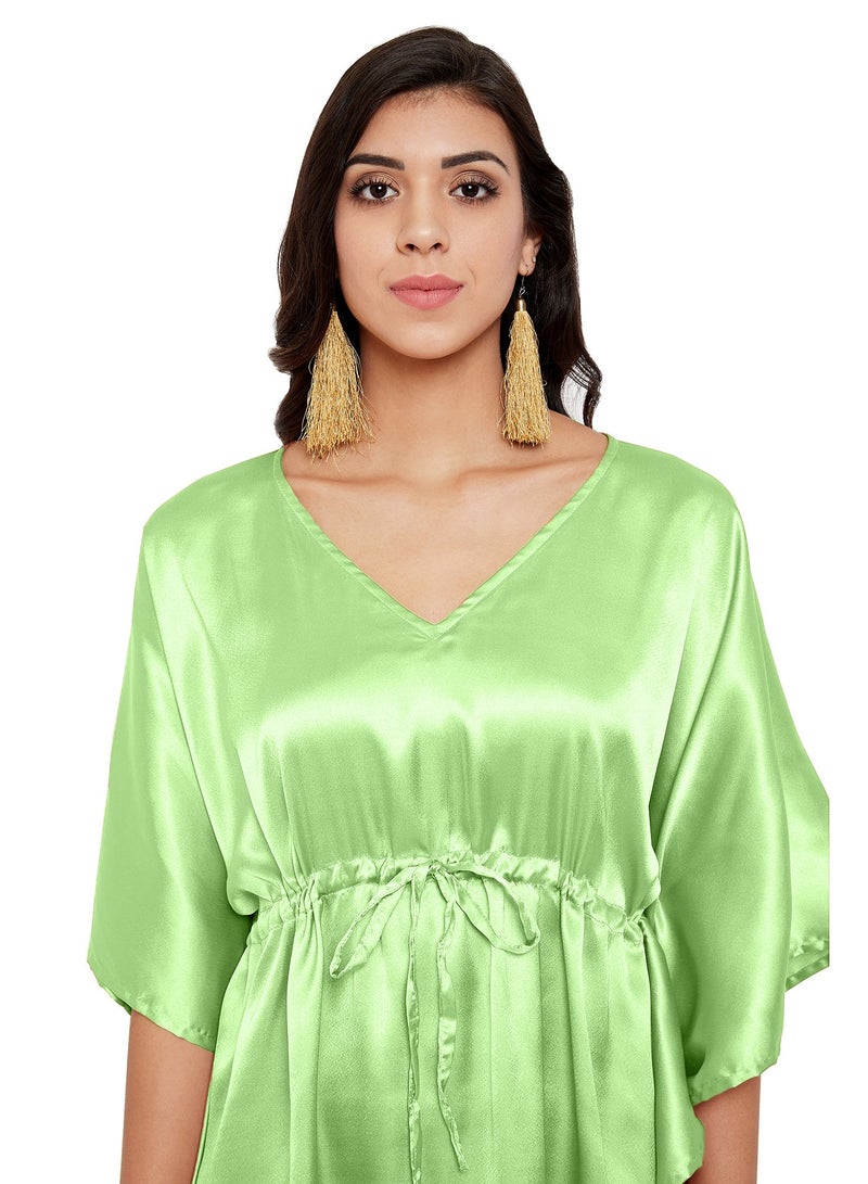 V-neck Green Satin Short Tunic Kaftan Night Dress Sleepwear for Plus Size Women