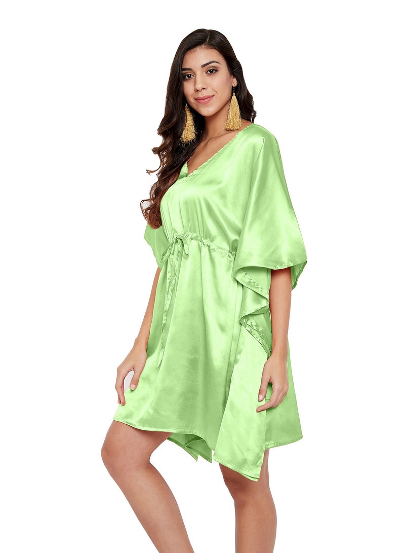 V-neck Green Satin Short Tunic Kaftan Night Dress Sleepwear for Plus Size Women