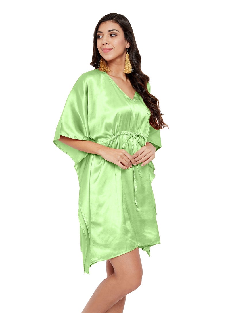 V-neck Green Satin Short Tunic Kaftan Night Dress Sleepwear for Plus Size Women