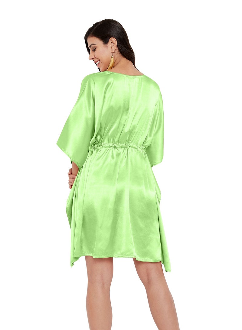 V-neck Green Satin Short Tunic Kaftan Night Dress Sleepwear for Plus Size Women