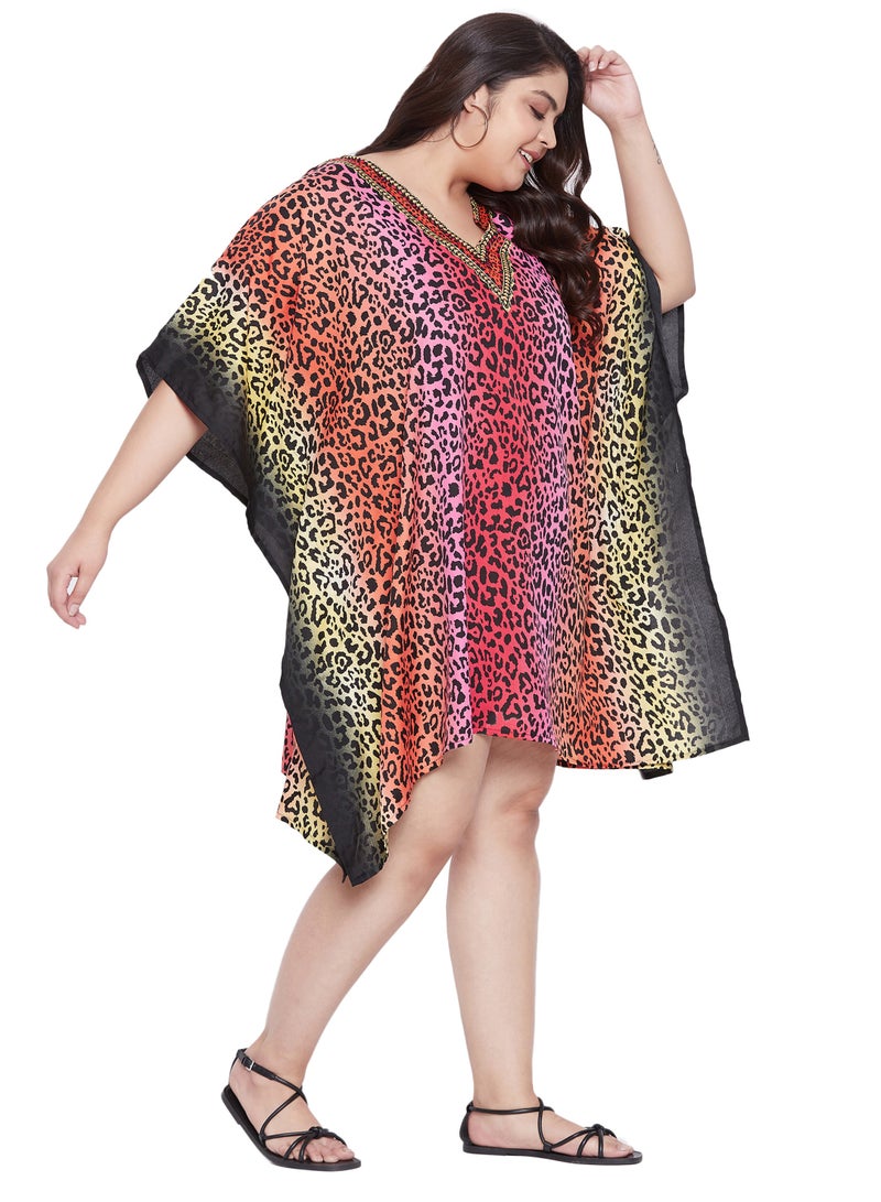 Polyester V Neck Plus Size Multicolor  Leopard Print Short Kaftan Evening Dress Pool Cocktail Party Beach Caftan for women