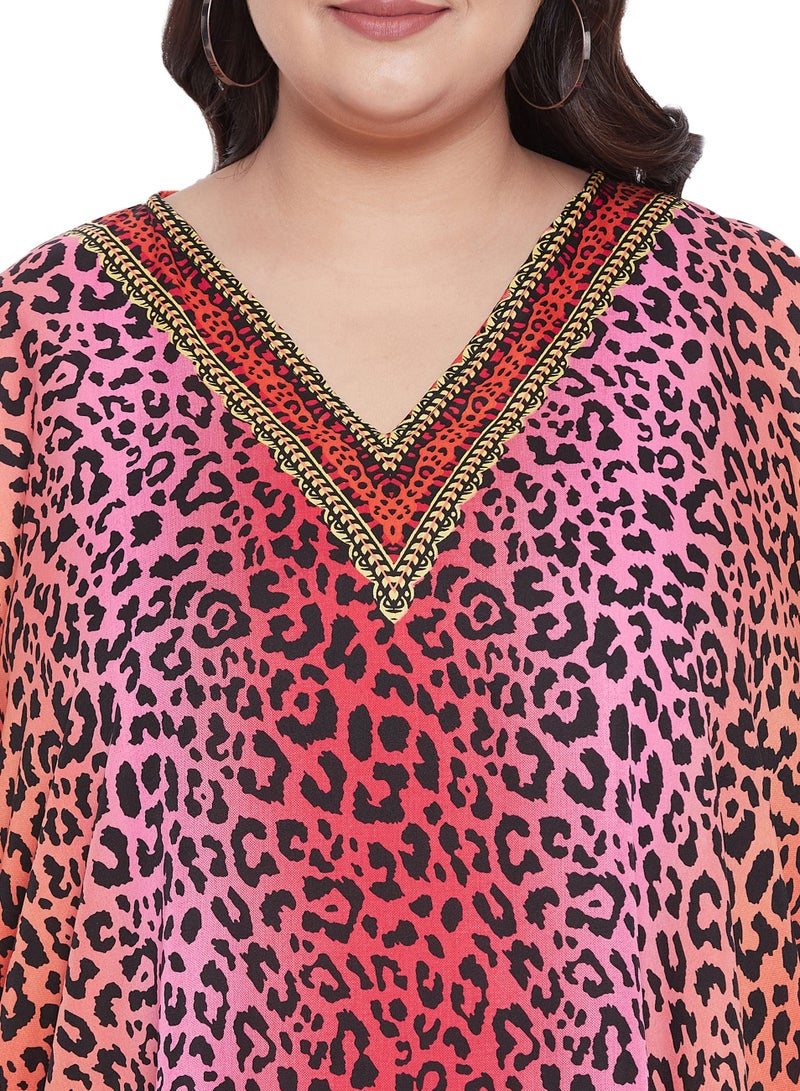 Polyester V Neck Plus Size Multicolor  Leopard Print Short Kaftan Evening Dress Pool Cocktail Party Beach Caftan for women