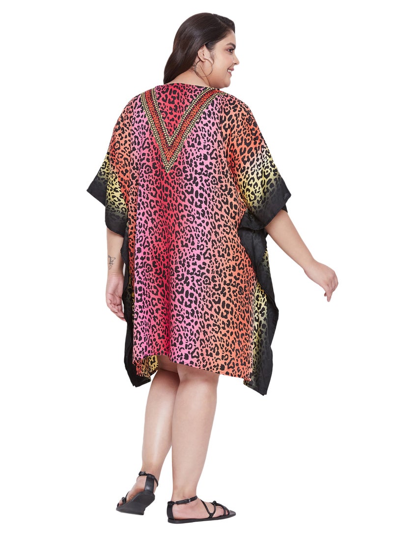 Polyester V Neck Plus Size Multicolor  Leopard Print Short Kaftan Evening Dress Pool Cocktail Party Beach Caftan for women
