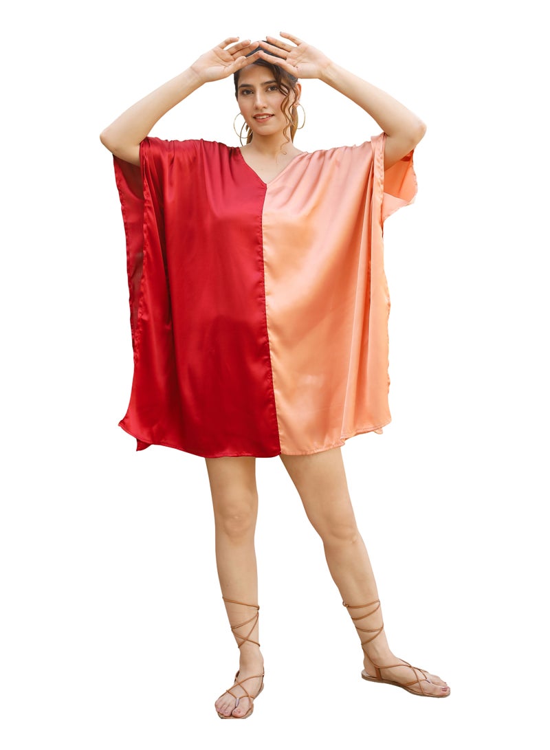 Women Plus Size Short Kaftan Double Color V Neck Satin Beach Cover up Resort Wear Dress