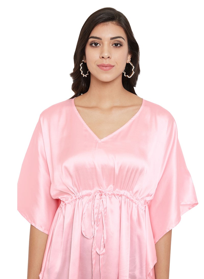 Women Plus Size Pink  Night Wear Evening Dress Silk Satin Tunic Kaftan Pool Cover Ups Relaxed Caftan for Ladies