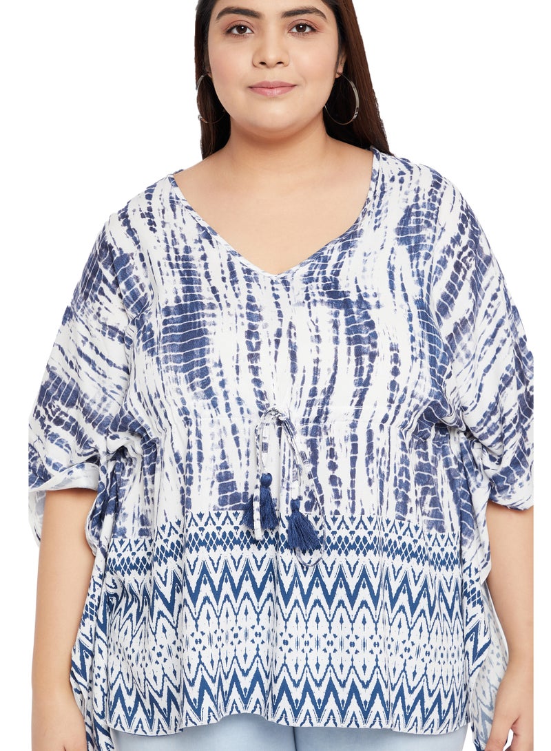 Women Rayon Tie Die V Neck Loose Fit Casual Blue Short Tunic Top Elegant House Dress Kaftan