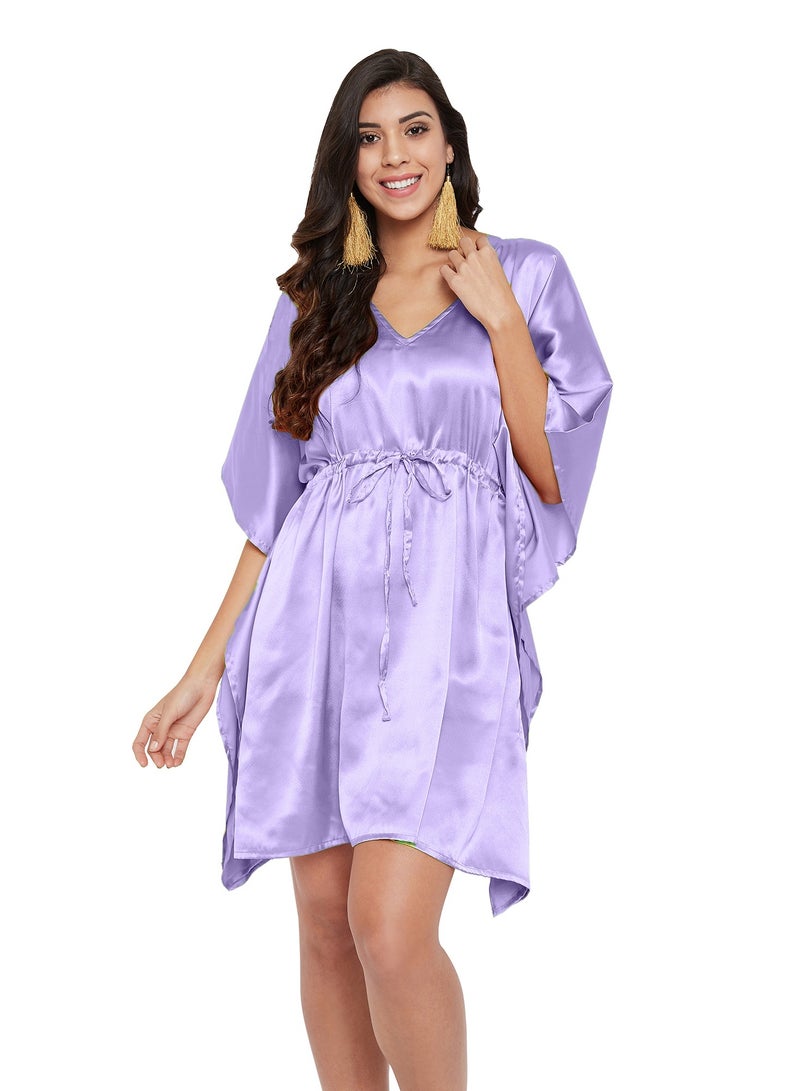 Women Purple Short  Night Dress Nightgown with Drawstring Summer Beach Kaftan for Ladies