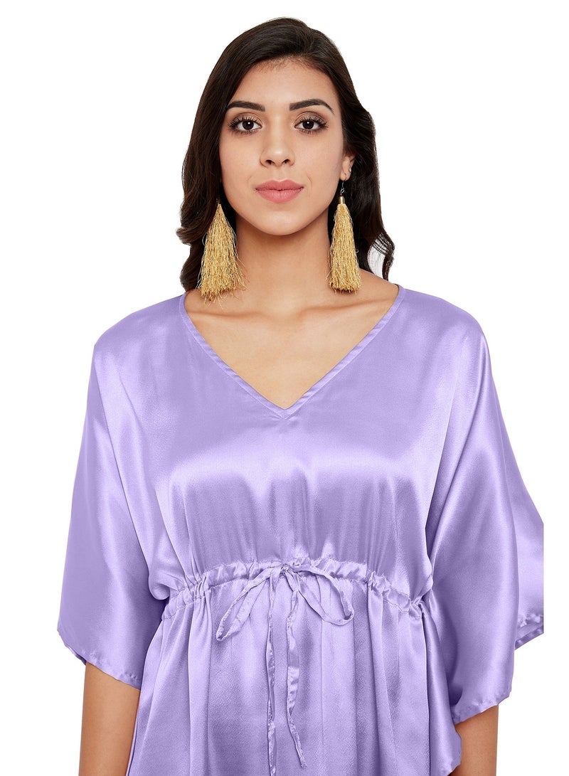 Women Purple Short  Night Dress Nightgown with Drawstring Summer Beach Kaftan for Ladies