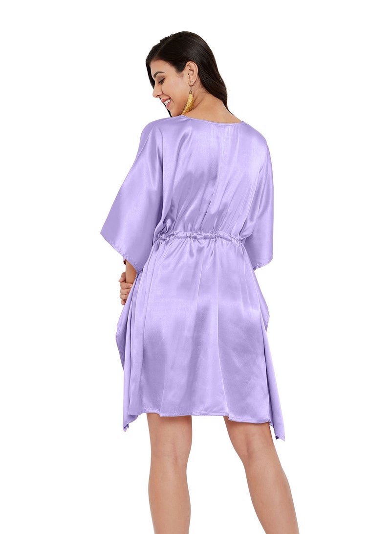 Women Purple Short  Night Dress Nightgown with Drawstring Summer Beach Kaftan for Ladies