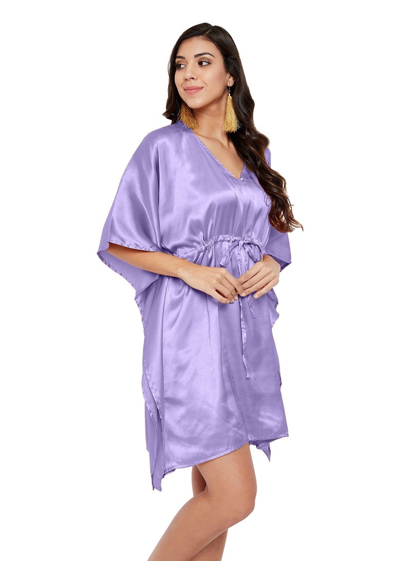 Women Purple Short  Night Dress Nightgown with Drawstring Summer Beach Kaftan for Ladies