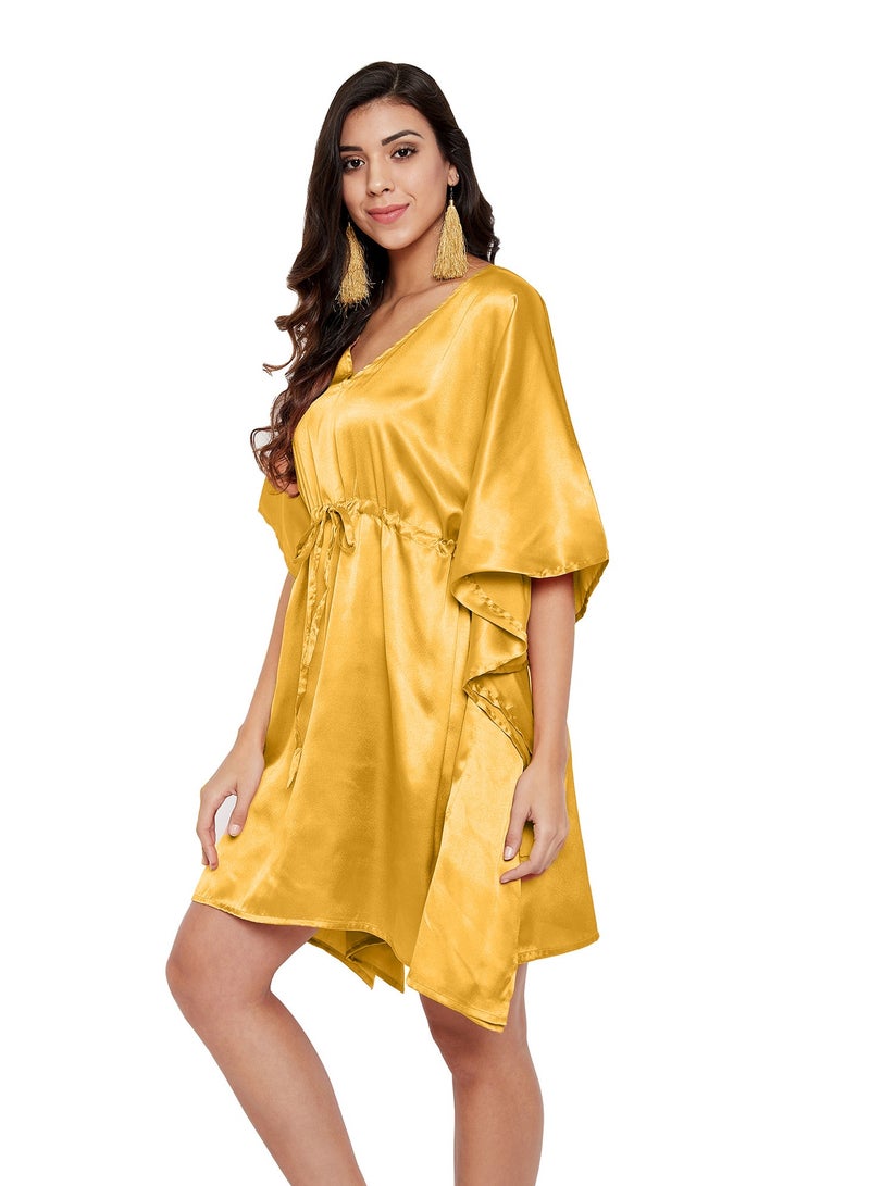 Plus Size Silky Nightgown Short Tunic Satin caftan Beachwear Cover up Sleep Dress With Drawstring for Women