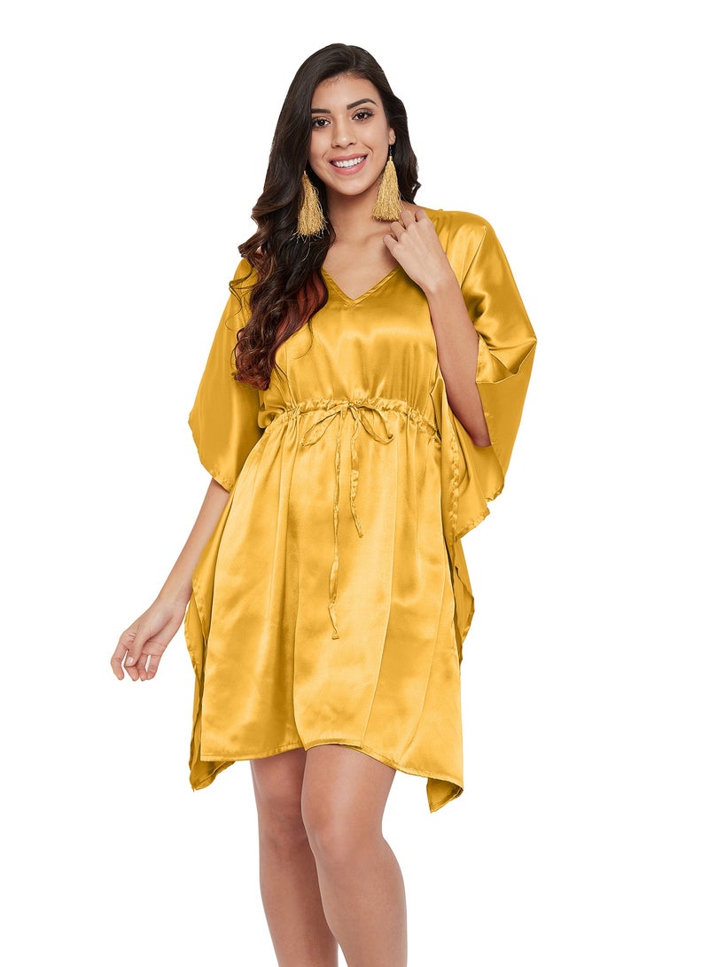 Plus Size Silky Nightgown Short Tunic Satin caftan Beachwear Cover up Sleep Dress With Drawstring for Women