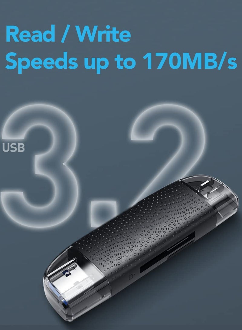 RW310 Memory Card Reader, USB 3.2 Gen 1 Up to 170MB/s Speeds 2 in 1 USB-C USB-A for SD/Micro SD/SDHC/SDXC Camera Card Reader Adapter, OTG Micro SD Card Reader for PC/Laptop/Smart Phone/Tablet