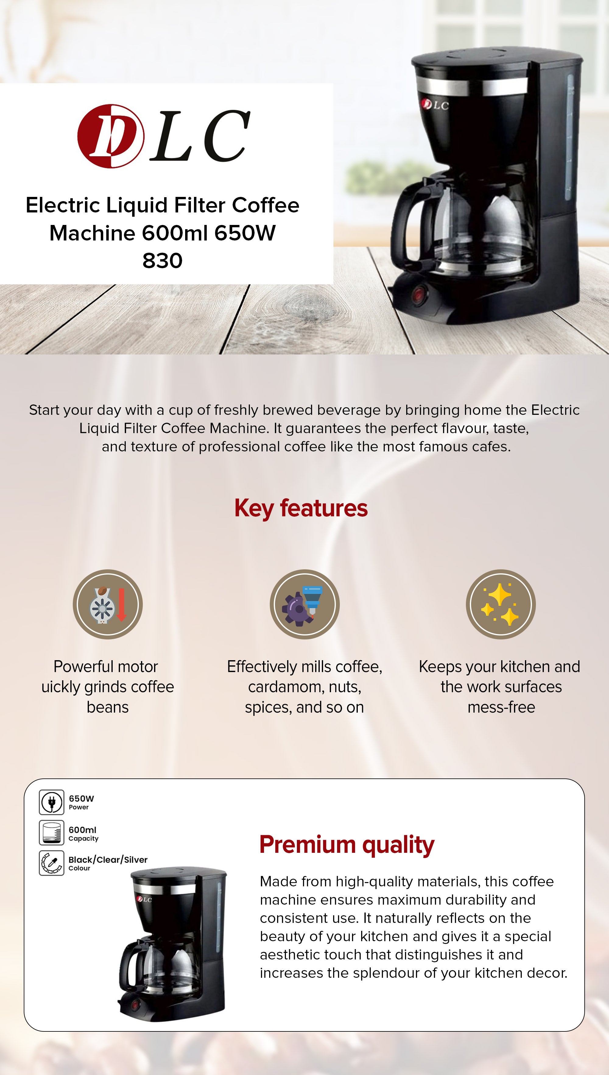 Electric Liquid Filter Coffee Machine 600.0 ml 650.0 W 830 Black/Clear/Silver