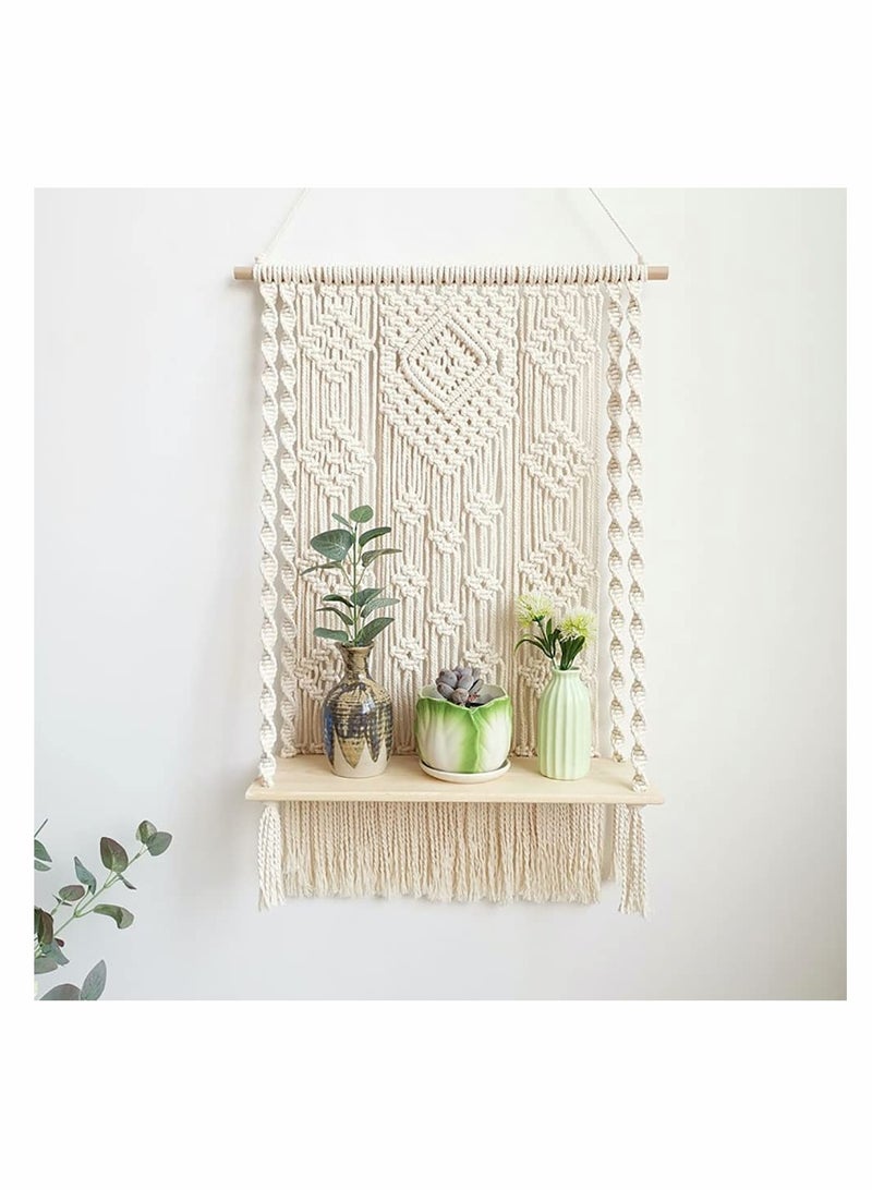 Handmade White Macrame Wall Hanging Shelf Organizer for Home Decor - Boho Wood Plant Pot Holder with Cotton Rope Hanger