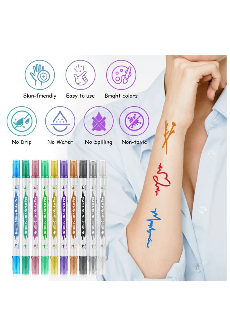 Temporary Tattoo Pen, 10Pcs Double- ended Glitter Tattoo Pen Kit, Shimmery Body Tattoo Markers for Kids Party Dress Up