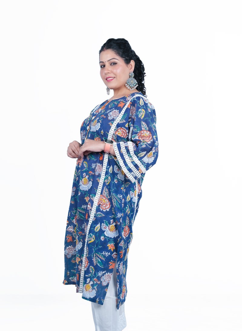 Free Size Cotton Hand Block Printed Kurta Set | Indian Dress for Women | Traditional Dress Salwar Kameez Kurti Pant Dupatta Set | Ready to Wear Ethnic Kurta Set