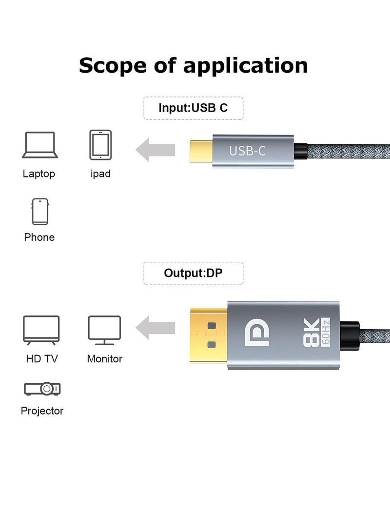 USB C to DisplayPort, 8K 60Hz Non-Bidirectional Type C to DP Cable 6.6FT/2M(4K 60Hz 144Hz 120Hz) 32.4Gbps, C to DP Cord for MacBook Pro, MacBook Air/iPad Pro 2020, XPS