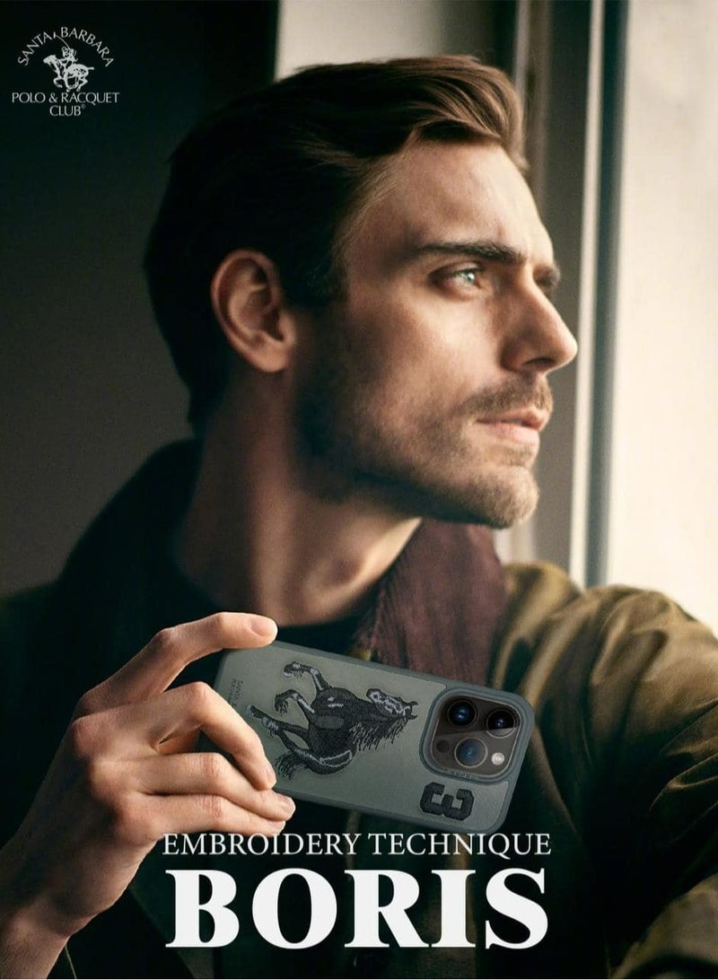 Boris Series Horse Embroidery MagSafe Phone Case for iPhone 15 Pro Max – Shockproof, Premium Pleather & TPU, Anti-Slip Grip, Raised Edges for Screen & Camera Protection, Scratch-Resistant, Lightweight & Slim Design – Titanium Gray