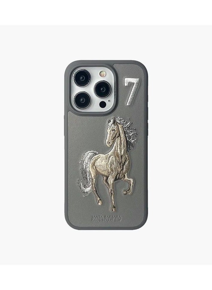 Boris Series Horse Embroidery MagSafe Phone Case for iPhone 15 Pro Max – Shockproof, Premium Pleather & TPU, Anti-Slip Grip, Raised Edges for Screen & Camera Protection, Scratch-Resistant, Lightweight & Slim Design – Titanium Gray