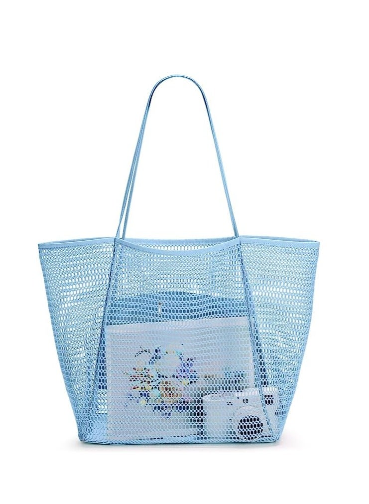 Mesh Beach Bag for Women, Large Tote Bag Lightweight Foldable Beach Tote with Zipper Pocket for Women Vacation Beach Pool Trip