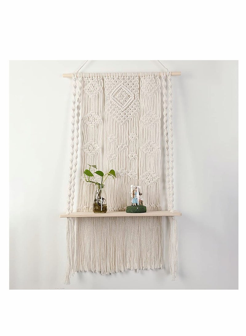 Handmade White Macrame Wall Hanging Shelf Organizer for Home Decor - Boho Wood Plant Pot Holder with Cotton Rope Hanger