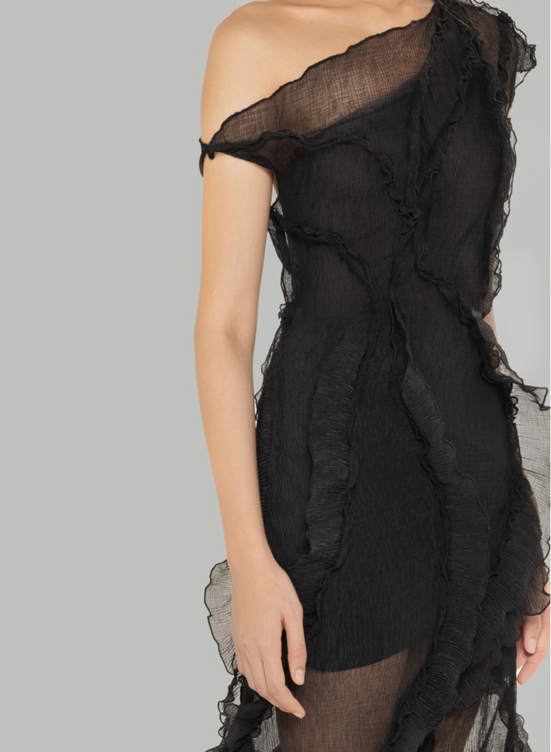 MUST HAVE • ONE-SHOULDER BLACK SHEER DRESS