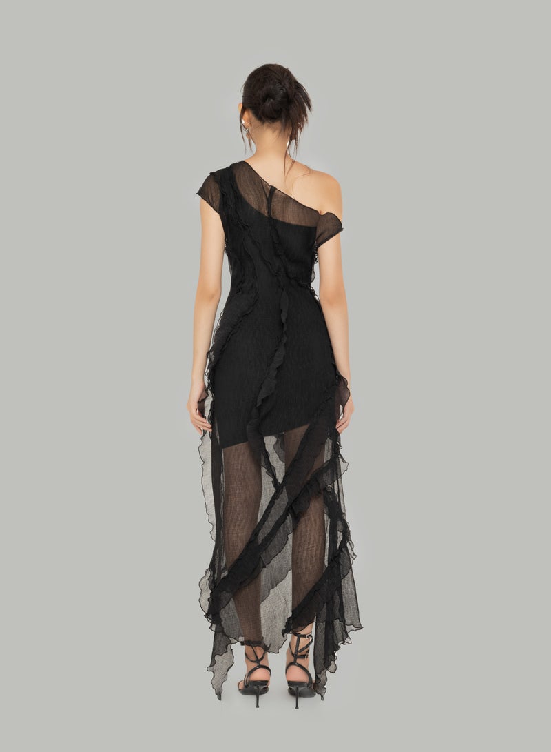 MUST HAVE • ONE-SHOULDER BLACK SHEER DRESS