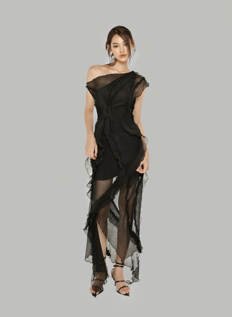 MUST HAVE • ONE-SHOULDER BLACK SHEER DRESS