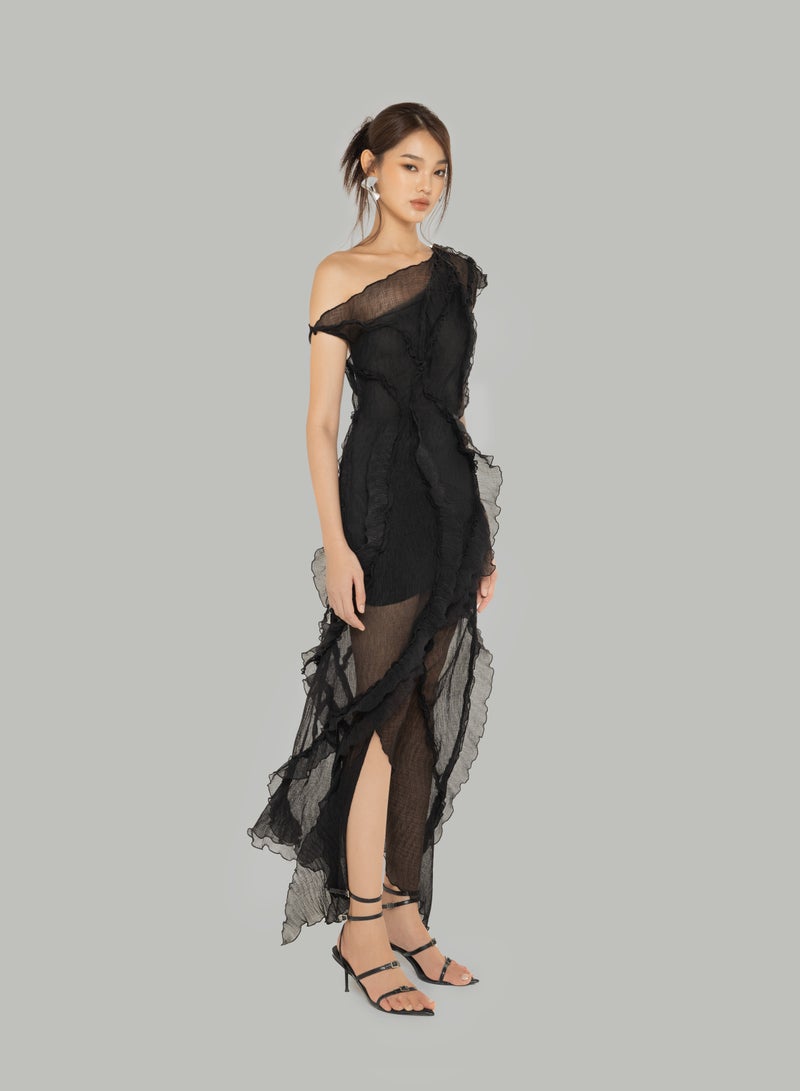 MUST HAVE • ONE-SHOULDER BLACK SHEER DRESS