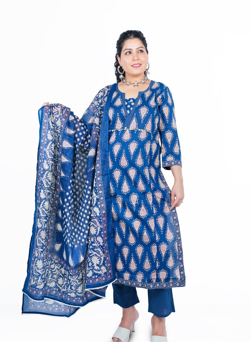 Cotton Kurta with Plazzo Pants Set with Cotton Dupatta | Indian Dress for Women | Traditional Dress Salwar Kameez Kurti Pant Dupatta Set | Ready to Wear Ethnic Kurta Set