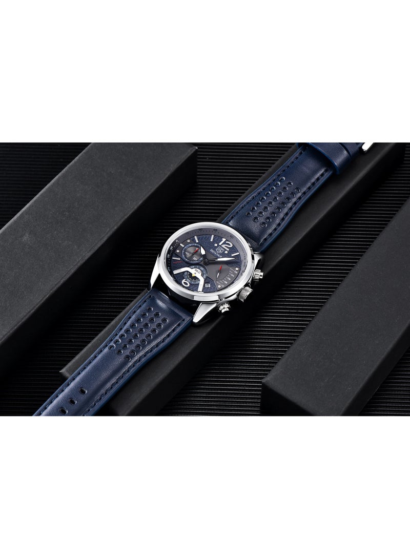 Watches for Men Luxury Quartz Water Resistant Watch Men's Chronograph Genuine Leather Strap 5171 Blue