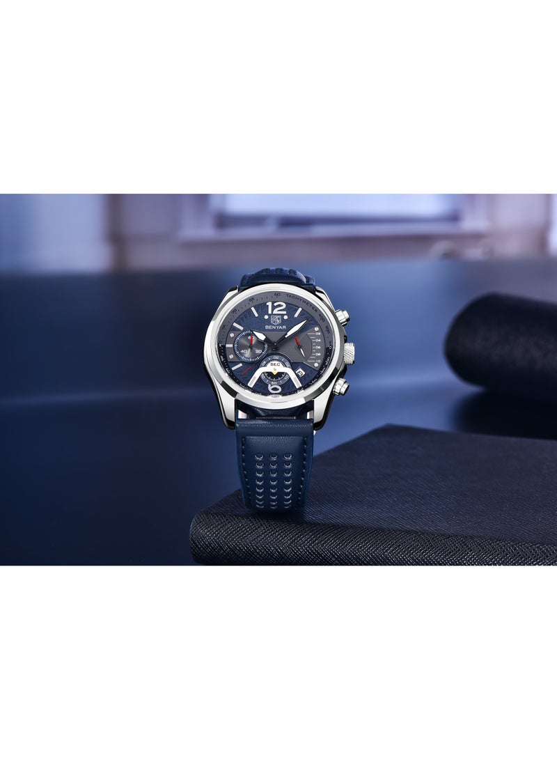 Watches for Men Luxury Quartz Water Resistant Watch Men's Chronograph Genuine Leather Strap 5171 Blue