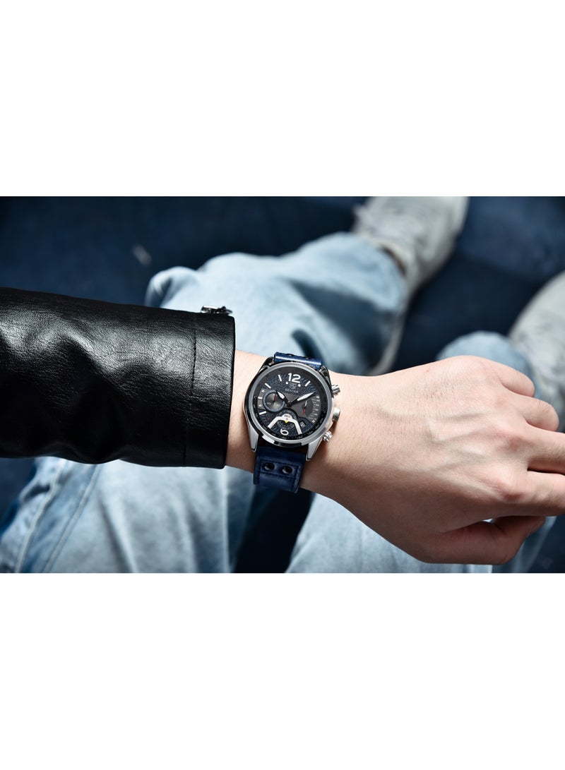 Watches for Men Luxury Quartz Water Resistant Watch Men's Chronograph Genuine Leather Strap 5171 Blue