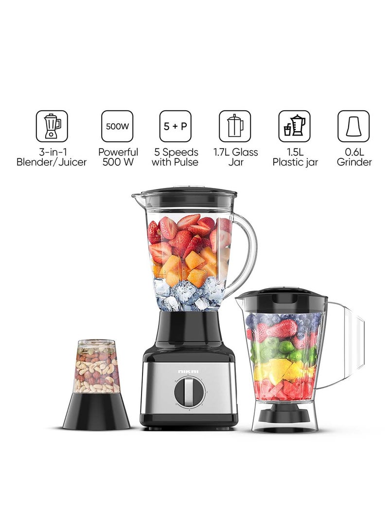 3 In 1 Blender With  Power, Stainless Steel Blades, Multifunctional Grinder, Glass And Plastic Jugs, 5 Speeds + Pulse, Perfect For Dry And Wet Fine Grinding, Mixing And Juicing 500 W NB3900GEB Black/Clear/Silver