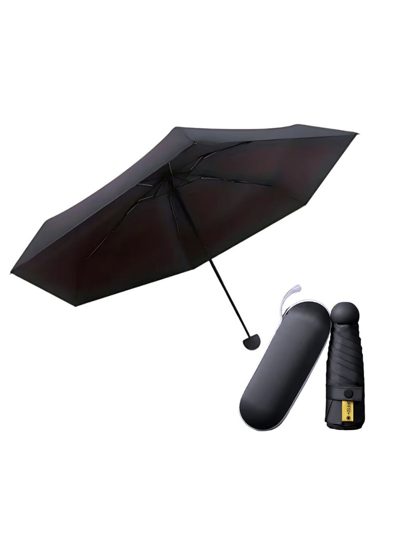 Portable UV Protection Umbrella - windproof, small - compact, lightweight, sturdy, mini, folding and portable for men and women, 5-foldlightweightseries-6bones+capsules (Black)